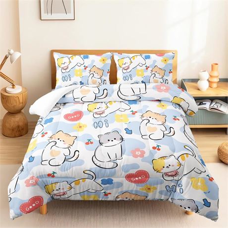 CVHOUSE Kawaii Cat Comforter Set Queen Size,Kawaii Cartoon Cat Bedding Set for