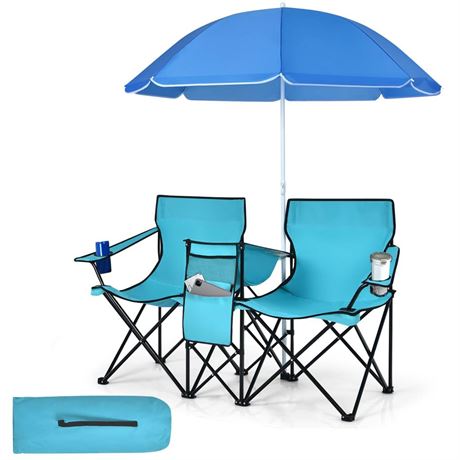 Double Camping Chairs with Umbrella, Portable 2 Seat Folding Camp Chair with