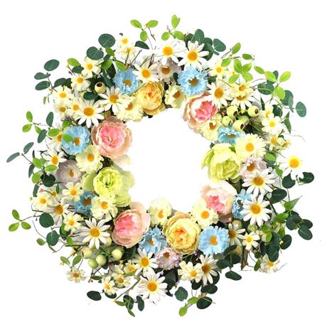 JINGHONG 24” Artificial Flower Wreath,Daisy and Rose Wreath Colorful