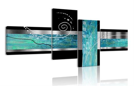 Large Abstract Teal Wall Art, Turquoise Wall Art Canvas Print 4 Piece Wall