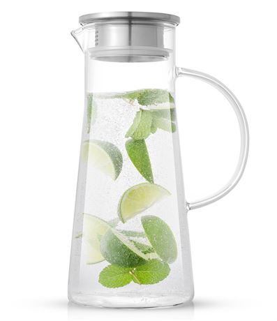 JoyJolt Breeze Glass Pitcher with Stainless Steel Lid and Spout, with Handle,