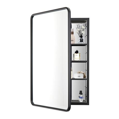 Black Metal Framed Bathroom Medicine Cabinet with Mirror, Recessed Or Wall