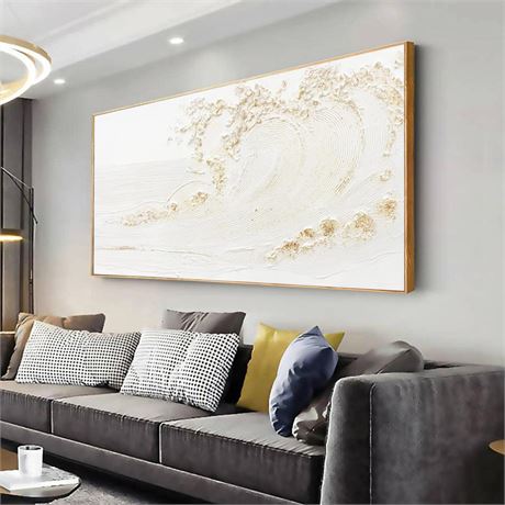 Canvas Wall Art Decor Bedroom Hand Painted White Wave With Golden