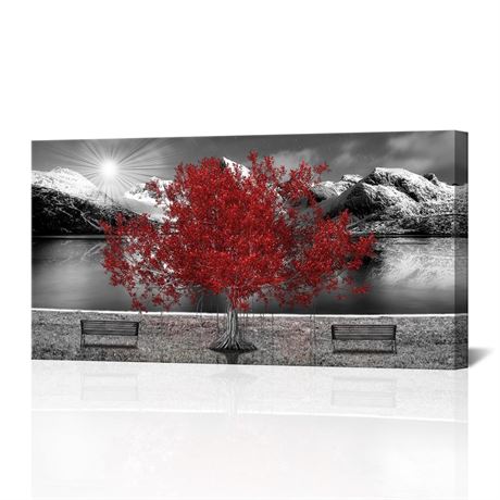 YeiLnm Red Tree Canvas Print Wall Art Abstract Modern Park Pictres Prints