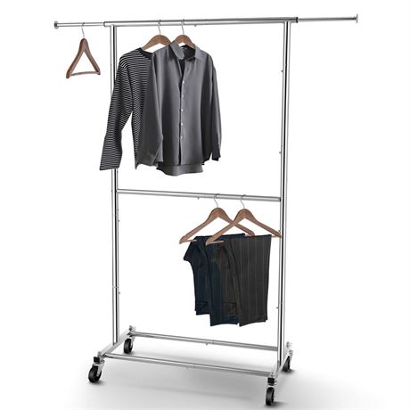Simple Trending Double Rod Clothing Garment Rack, Rolling Clothes Organizer on