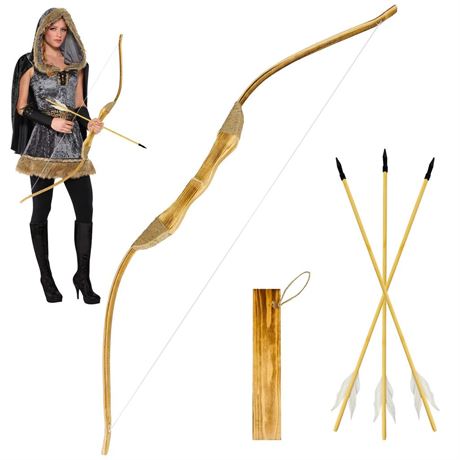 Youth Wooden Bow and Arrow Set, 40 Inch Handmade Wooden Bow and Arrow Cosplay