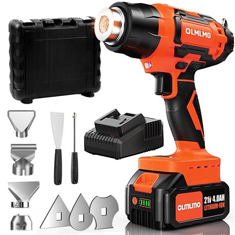 Cordless Heat Gun: Hot Air Gun with 4.0Ah Rechargeable Battery, 4 Nozzle, Carry