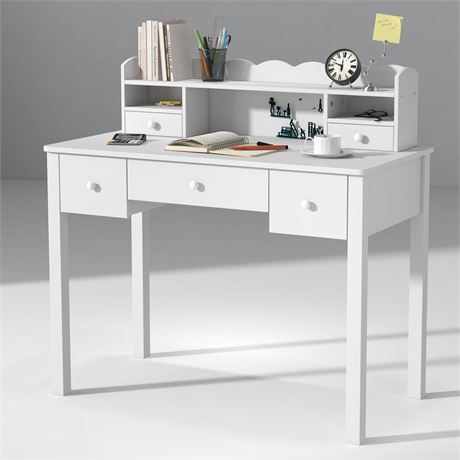 White Writing Desk with Hutch & 5 Drawers - 40 Inch Modern Computer Workstation