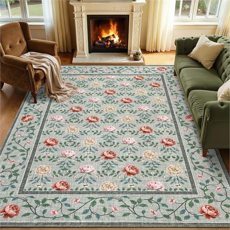 GarveeHome Floral Living Room Rugs, Washable 8x10 Area Rug Vintage Soft Boho