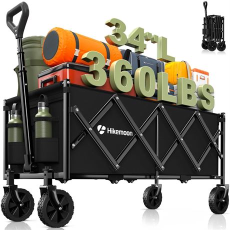 34'' Extra Long Collapsible Wagons Carts Foldable, 360LBS Heavy Duty Folding