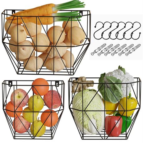 Large Wall Basket Set of 3 - Metal Wire Basket for Fruits & Vegetables Storage,