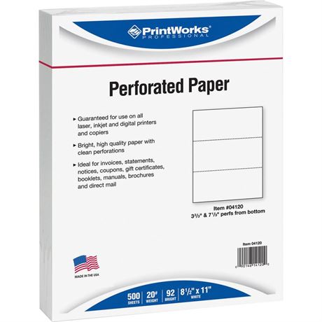 PrintWorks Professional Paper, 8.5 x 11, 20 lb, 2 Horizontal Perfs 3.66" and