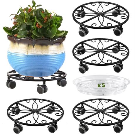 5 Pack Plant Caddy with Wheels Heavy Duty 13.5 Inches Metal Plant Stand with