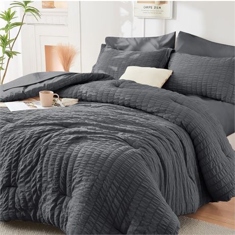 HYMOKEGE California King Comforter Set Seersucker 7 Pieces, All Season Luxury