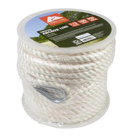 Ozark Trail 1/2 in x 100 ft Twisted Nylon Marine Anchor Line, White, 850 lb