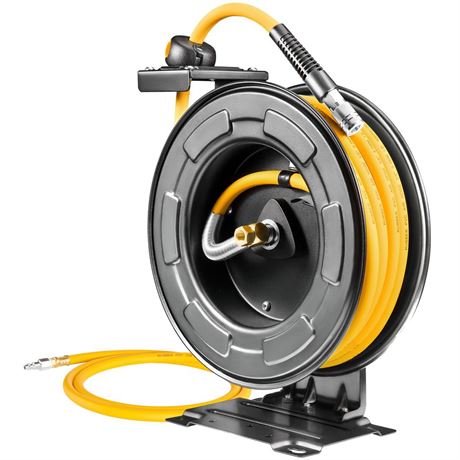 Steel Retractable Air Hose Reel 3/8" Inch x 50' Feet Hybrid Polymer Hose, Heavy