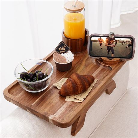 Nnewvante Couch Cup Holder Tray, 3 in 1 Large 15.36"x9.85" Acacia Wood Sofa Arm