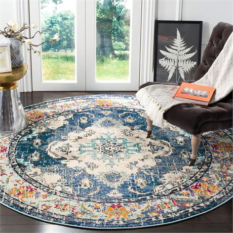 SAFAVIEH Monaco Collection Area Rug - 6'7" Round, Navy & Light Blue, Boho Chic