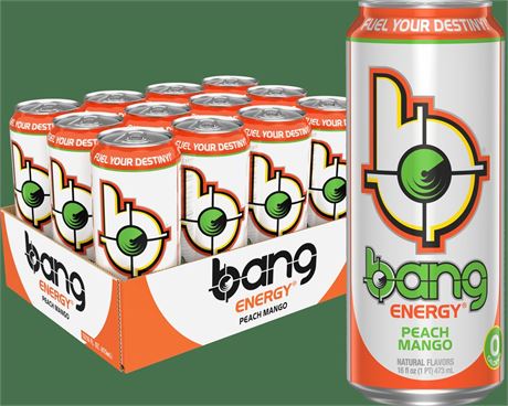 Bang Energy Bang Peach Mango Energy Drink, 16 oz, 12 pack cans