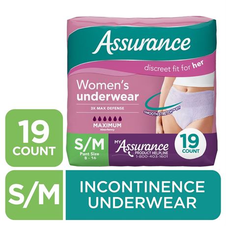 Assurance Women's Incontinence and Postpartum Underwear, S/M, Maximum