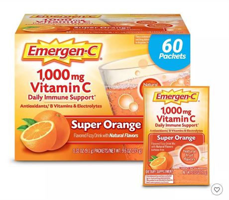 Emergen-C 1,000mg Vitamin C Super Orange Flavored Fizzy Drink Mix, 60 Packets,