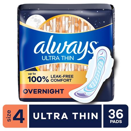 Always Ultra Thin Overnight Pads with Wings, Size 4, Overnight Absorbency, 36