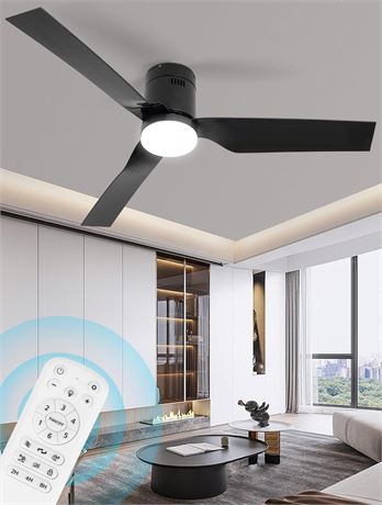 VACILL 52inch Flush Mount Ceiling Fan, Black Ceiling Fan with Light and Remote,