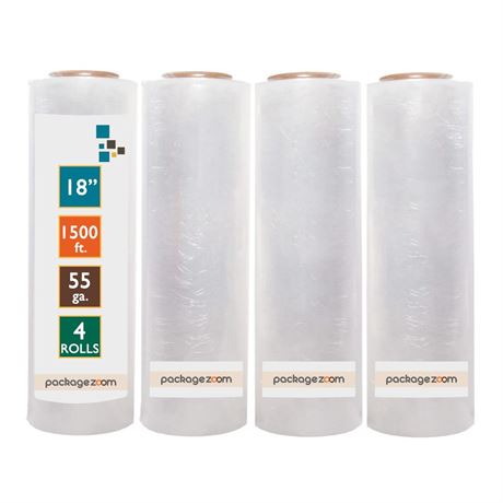 PackageZoom 4 Rolls 18" x 1500 Ft Stretch Wrap Heavy Duty, Industrial Strength