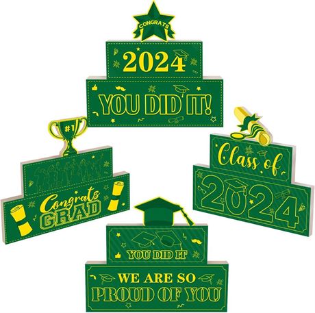 4Pcs Graduation Decorations Class of 2024 Green and Gold Wooden Block Sign