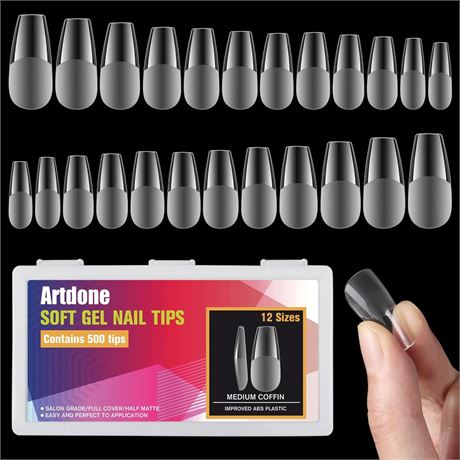 Artdone Fake Nail Tips 500pcs Medium Coffin Half Matte Acrylic Press On Nails