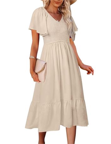 MEROKEETY Women's Summer Casual V Neck Ruffle Sleeve Smocked High Waist Midi