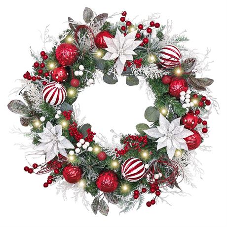 Valery Madelyn Pre-Lit Christmas Wreath for Front Door with Lights, 24 Inch