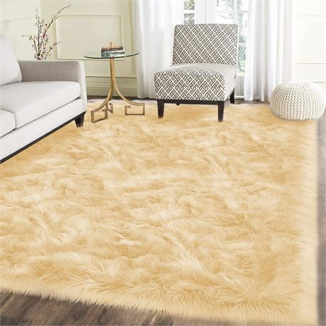 Latepis Rug for Living Room Rug 6x8 Yellow Faux Fur Rug Fluffy Rug Sheepskin