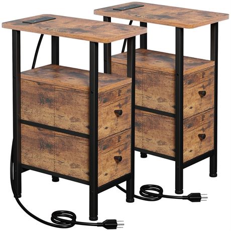 LOAKEKEL Narrow Nightstand with Charging Station, End Tables Living Room Set of