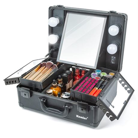 Kemier Makeup Train Case - Cosmetic Organizer Box Makeup Case with Lights and