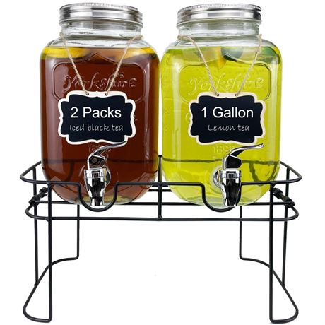 1 Gallon Glass Drink Dispenser for Parties, 2 Packs Juice Lemonade Ice Tea