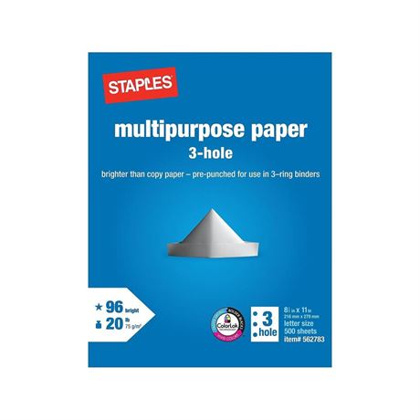 Staples Multipurpose Paper, 8 1/2 x 11, 3-Hole Punched, Ream