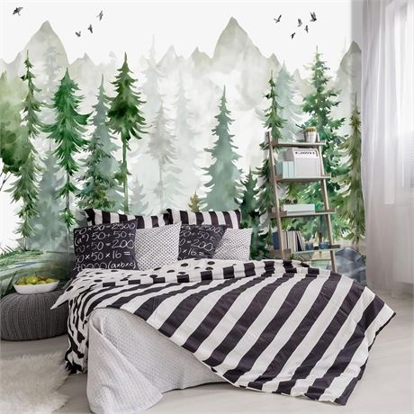 -Green Cartoon Pine Forest Nursery Fabric Wallpaper for Boys and Girls