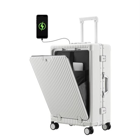 24 Inch Checked Luggage with Front Pocket, Versatile Aluminum Frame, USB