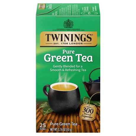 Twinings Pure Green Tea, 25 Individually Wrapped Bags, Smooth Flavour, Enticing
