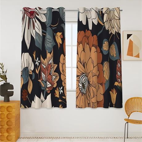 Black Boho Floral 100% Blackout Curtains 45 Inch Long 2 Panels Mid Century