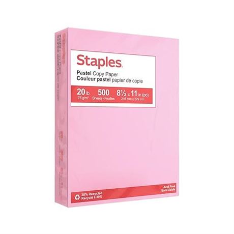Staples 30% Recycled Pastel Coloured Copy Paper - Letter - 8-1/2" X 11" - Pink