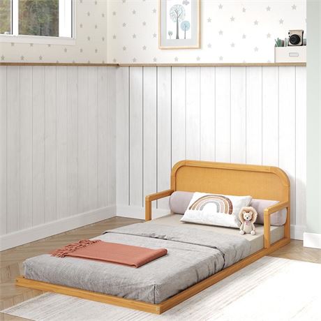 P’kolino Curva Rattan Kids Twin Size Floor Bed Frame with Headboard - FSC