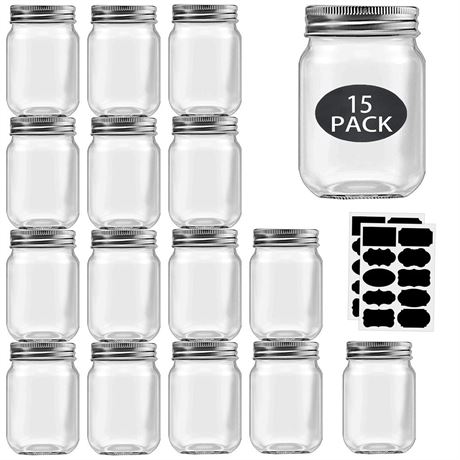 16 oz Mason Jars With Lids Regular Mouth 15 Pack-16 oz Glass Jars with