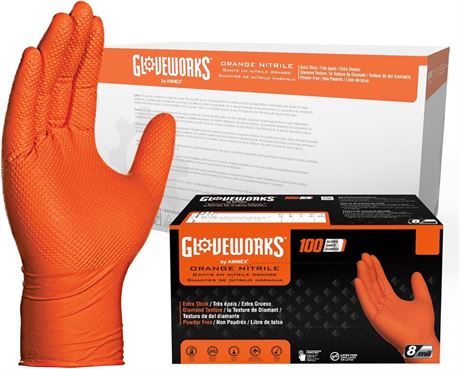 Case of 1000 GLOVEWORKS HD Orange Nitrile Gloves, 8 mil Nitrile Disposable