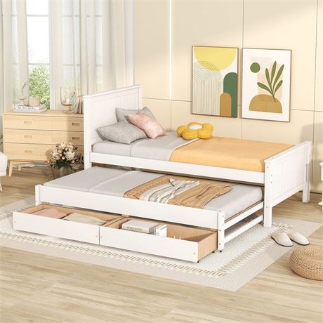 Twin Platform Bed with Trundle & Drawers - White, Solid Pine Wood, Twin Size,