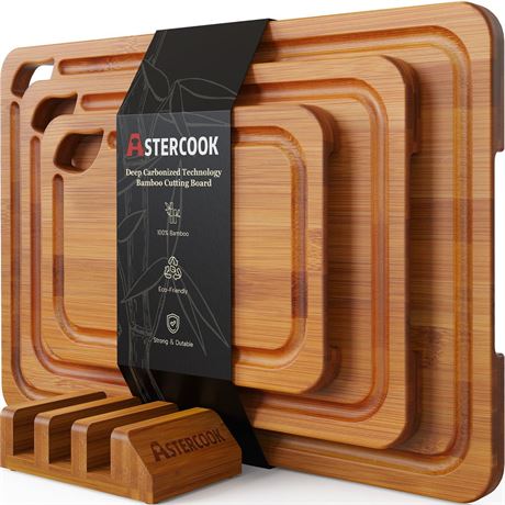 Astercook 4-Pieces Wood Cutting Board, Bamboo Chopping Board for Kitchen with
