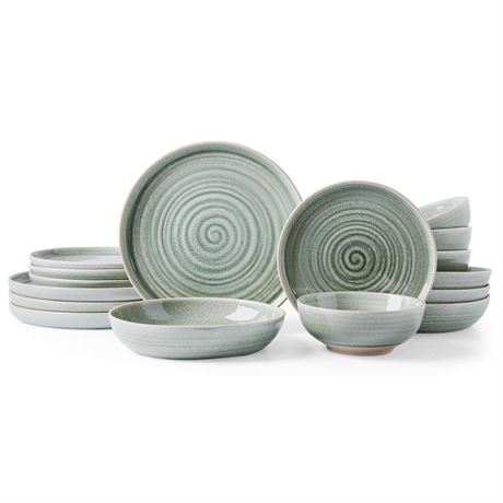 MONITO Ceramic Green Dinnerware Sets-16 Pieces Set,Plates Pasta Bowls Soup