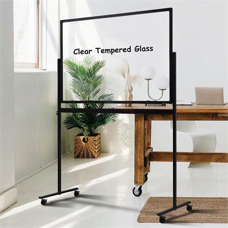 Tankee Mobile Clear Glass Whiteboard on Wheels 48" x 32" Dry Erase Board with