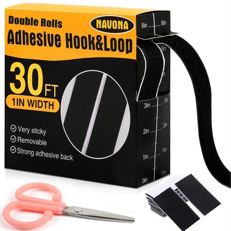 30Ft x 1 Inch Hook and Loop Strips with Adhesive, Double Rolls of Heavy Duty